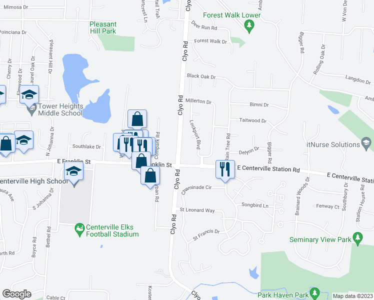 map of restaurants, bars, coffee shops, grocery stores, and more near 7970 Clyo Road in Dayton