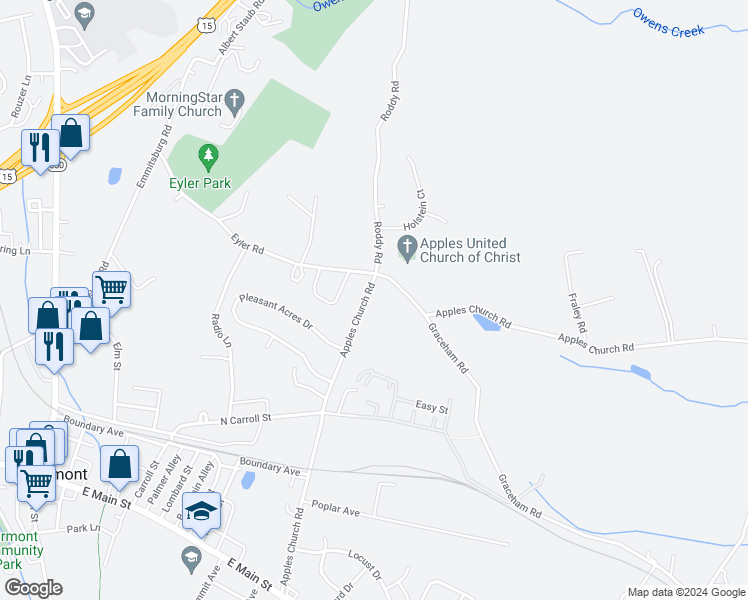 map of restaurants, bars, coffee shops, grocery stores, and more near 304 Apples Church Road in Thurmont