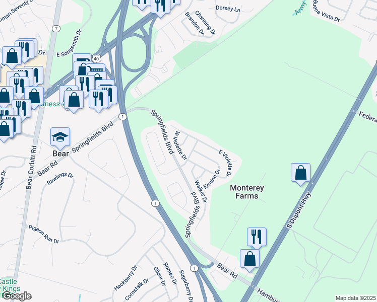 map of restaurants, bars, coffee shops, grocery stores, and more near 6 Shamrock Avenue in New Castle