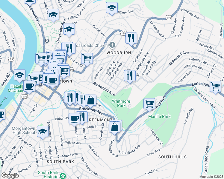 map of restaurants, bars, coffee shops, grocery stores, and more near 95 Marion Street in Morgantown