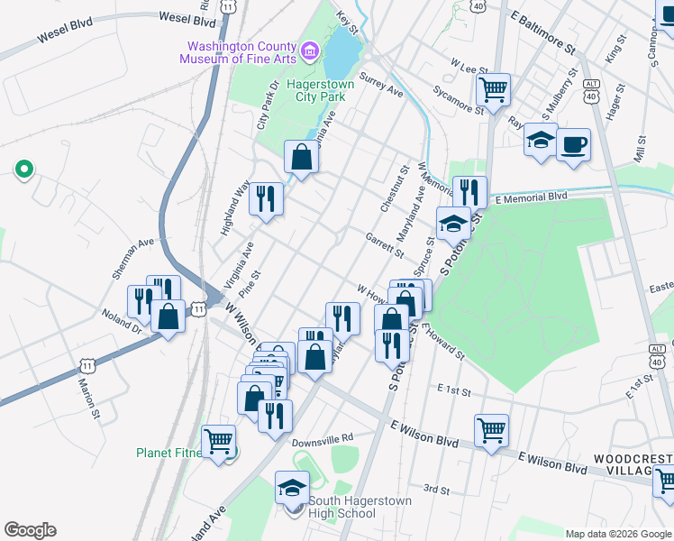 map of restaurants, bars, coffee shops, grocery stores, and more near 324 West Howard Street in Hagerstown