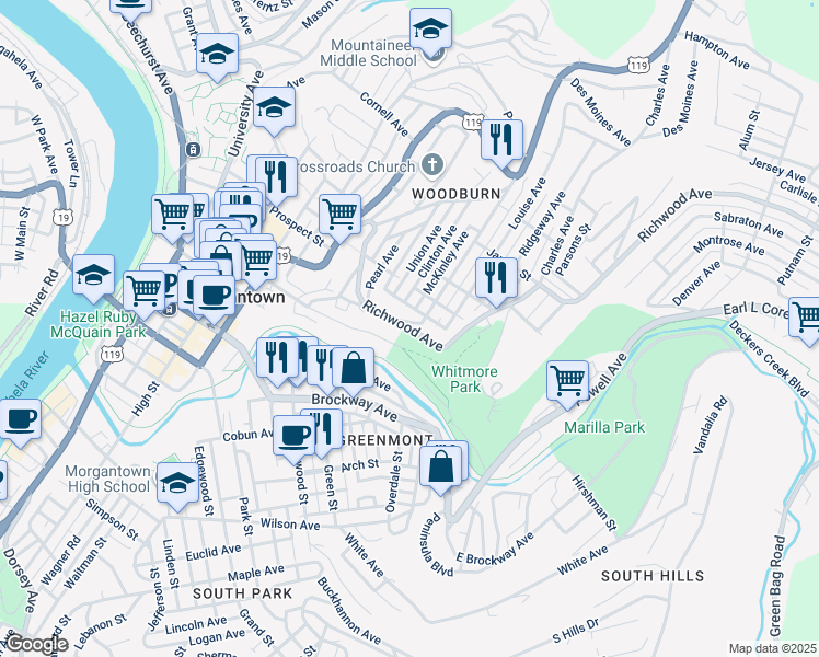 map of restaurants, bars, coffee shops, grocery stores, and more near 499 Richwood Avenue in Morgantown