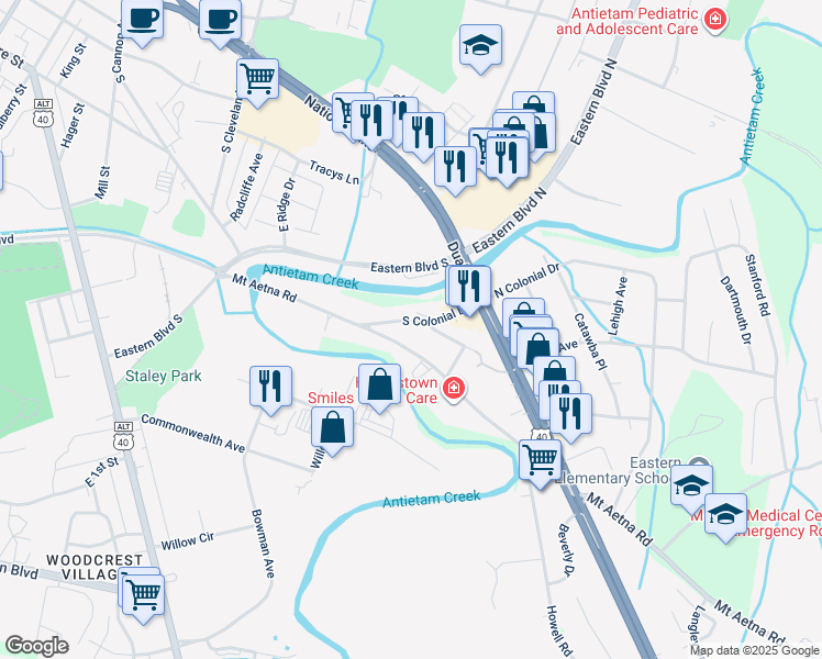 map of restaurants, bars, coffee shops, grocery stores, and more near 32 South Colonial Drive in Hagerstown