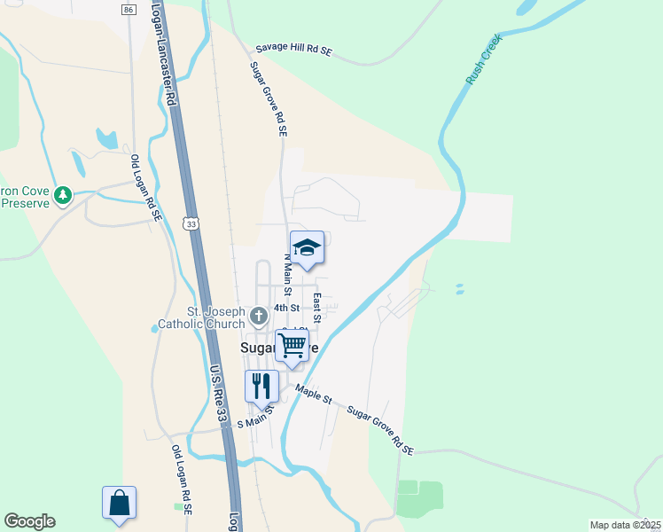 map of restaurants, bars, coffee shops, grocery stores, and more near 506 North Main Street in Sugar Grove