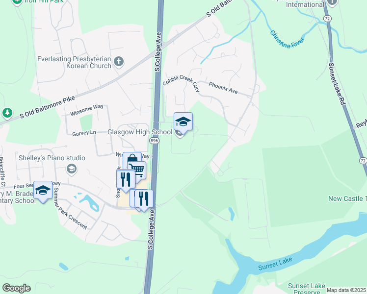 map of restaurants, bars, coffee shops, grocery stores, and more near 1901 South College Avenue in Newark