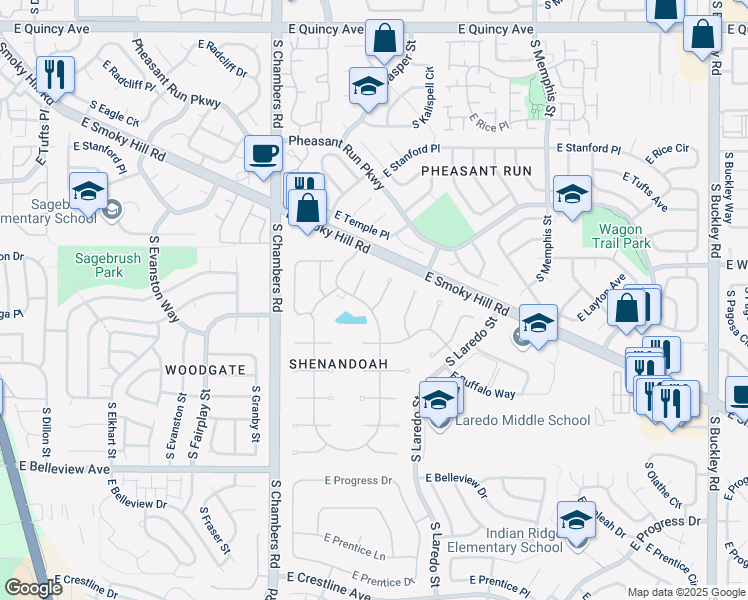map of restaurants, bars, coffee shops, grocery stores, and more near 4722 South Idalia Street in Aurora