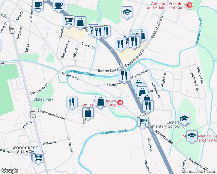 map of restaurants, bars, coffee shops, grocery stores, and more near 32 South Colonial Drive in Hagerstown