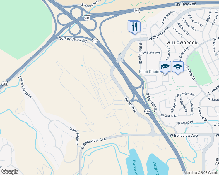 map of restaurants, bars, coffee shops, grocery stores, and more near 14407 Turkey Creek Road in Morrison