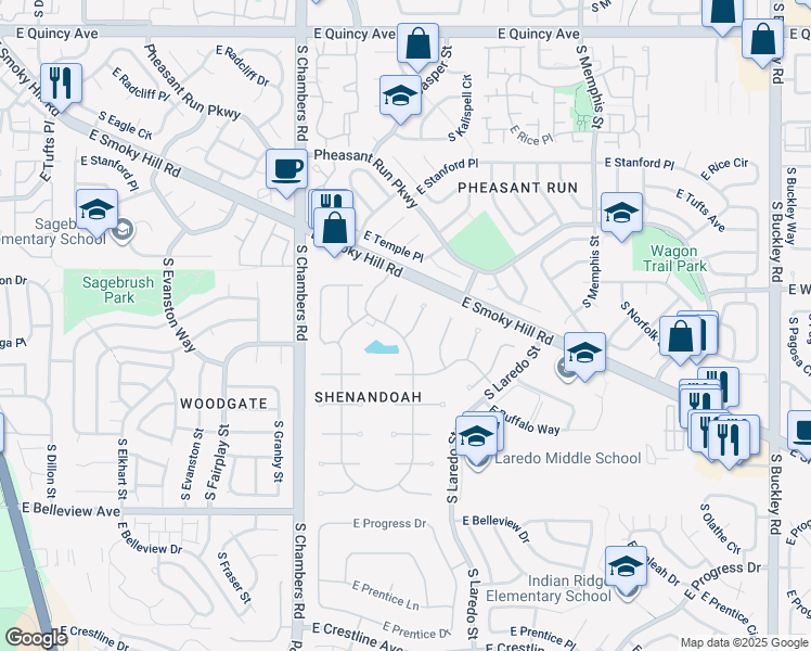 map of restaurants, bars, coffee shops, grocery stores, and more near 4722 South Idalia Street in Aurora