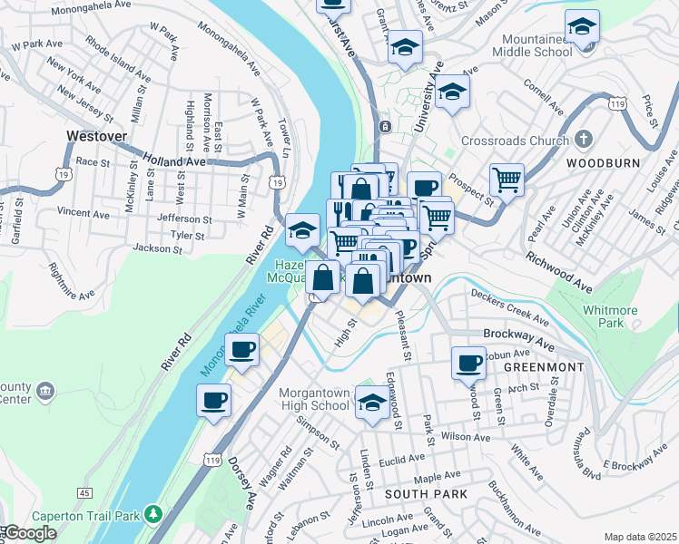 map of restaurants, bars, coffee shops, grocery stores, and more near 119 Pleasant Street in Morgantown