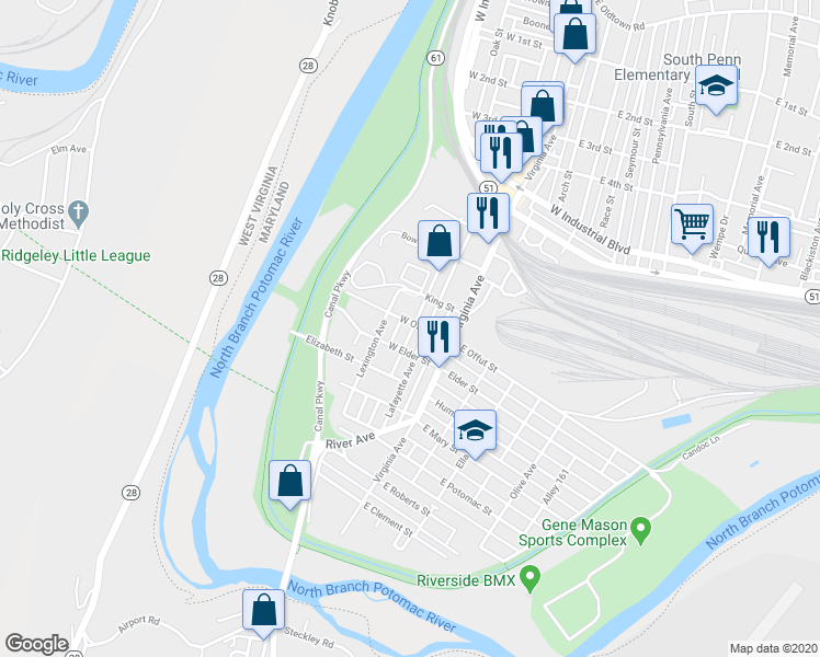 map of restaurants, bars, coffee shops, grocery stores, and more near 109 West Offut Street in Cumberland