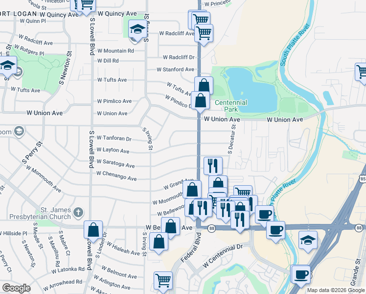 map of restaurants, bars, coffee shops, grocery stores, and more near 3089 West Layton Avenue in Englewood