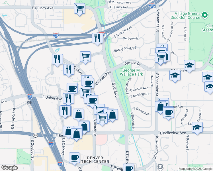 map of restaurants, bars, coffee shops, grocery stores, and more near 4875 Dtc Boulevard in Denver