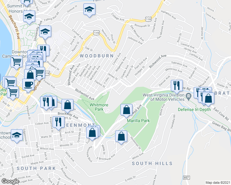 map of restaurants, bars, coffee shops, grocery stores, and more near 720 Downs Avenue in Morgantown