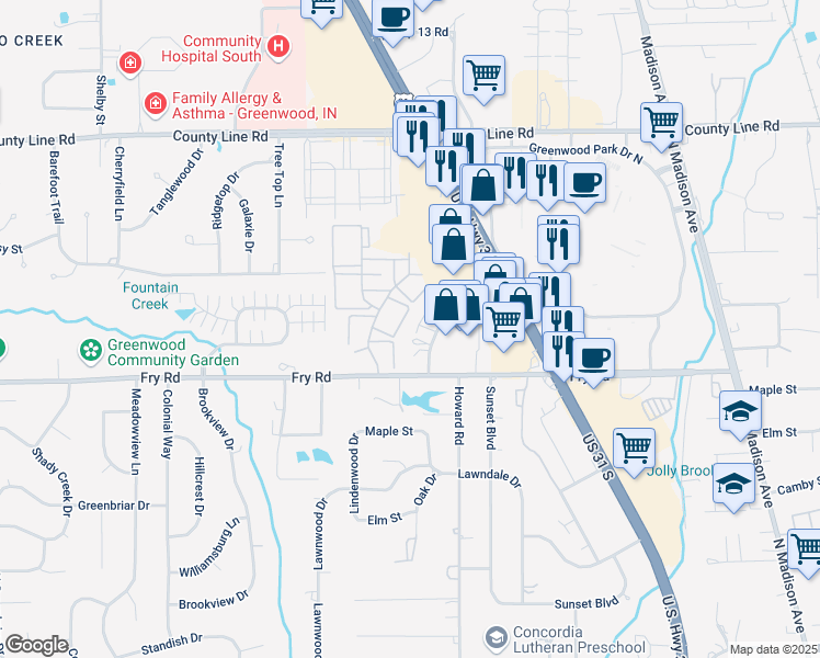 map of restaurants, bars, coffee shops, grocery stores, and more near 766 Loews Boulevard in Greenwood
