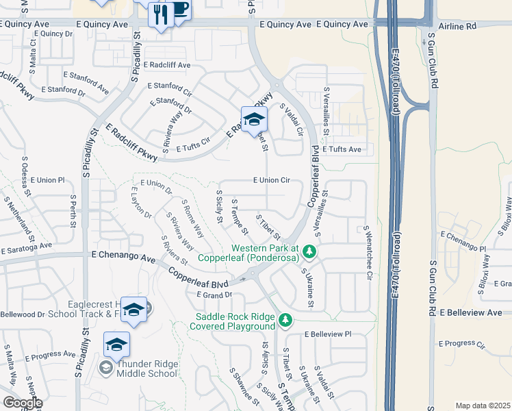 map of restaurants, bars, coffee shops, grocery stores, and more near 22494 East Union Place in Aurora