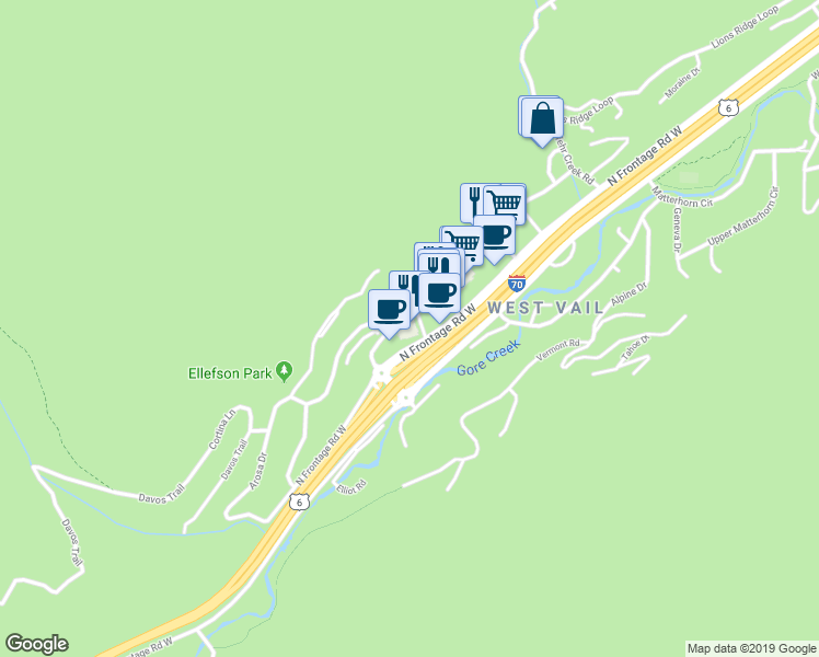 map of restaurants, bars, coffee shops, grocery stores, and more near 2211 North Frontage Road West in Vail