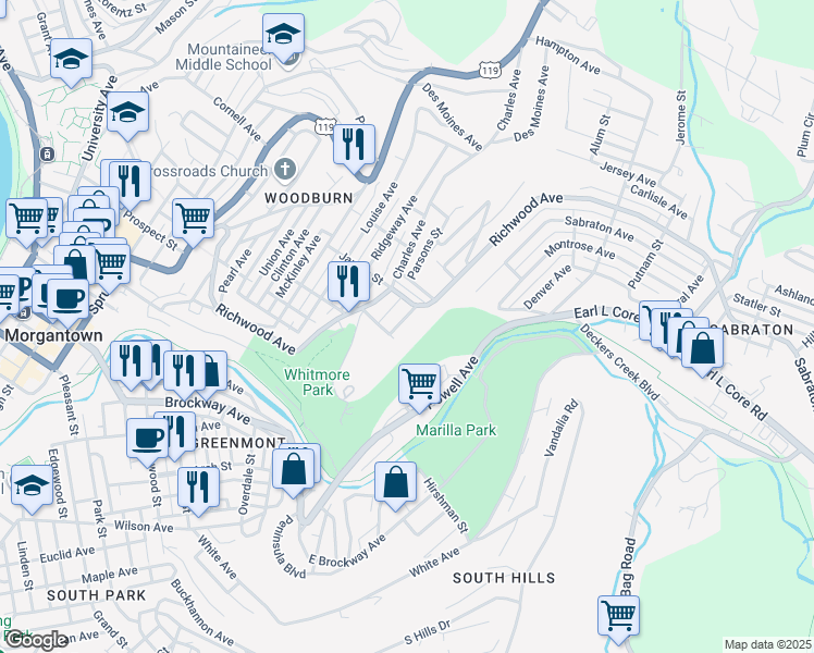 map of restaurants, bars, coffee shops, grocery stores, and more near 720 Downs Avenue in Morgantown