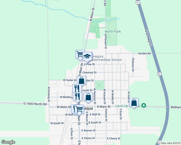 map of restaurants, bars, coffee shops, grocery stores, and more near 255 Chestnut Street in Moweaqua