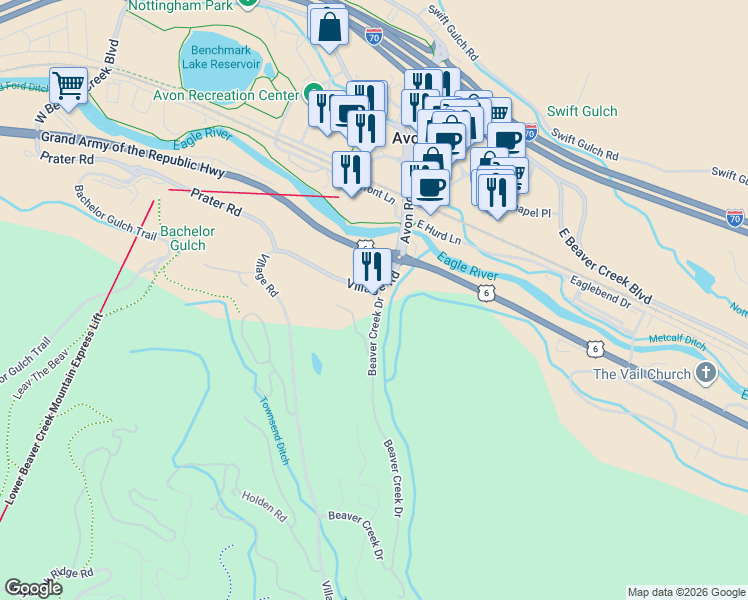 map of restaurants, bars, coffee shops, grocery stores, and more near 55 Village Road in Avon