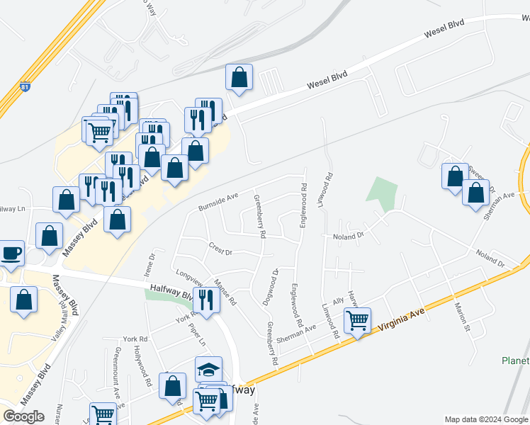 map of restaurants, bars, coffee shops, grocery stores, and more near 11513 Greenberry Road in Hagerstown