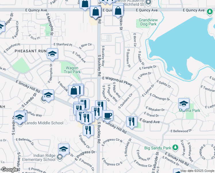 map of restaurants, bars, coffee shops, grocery stores, and more near 4777 South Pagosa Way in Aurora