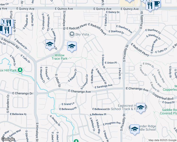 map of restaurants, bars, coffee shops, grocery stores, and more near 4766 South Liverpool Court in Aurora