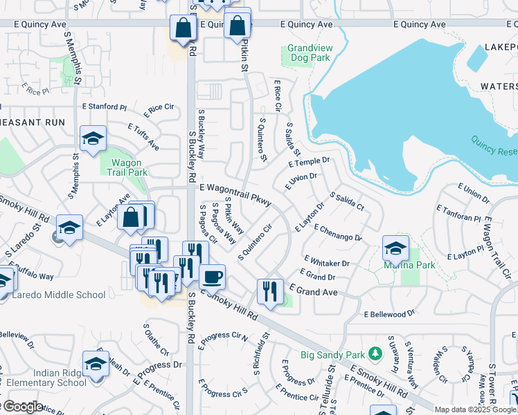 map of restaurants, bars, coffee shops, grocery stores, and more near 17184 East Wagontrail Parkway in Aurora