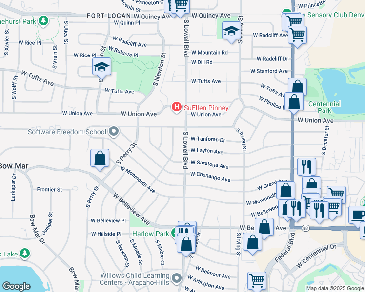map of restaurants, bars, coffee shops, grocery stores, and more near 3396 West Tanforan Drive in Englewood