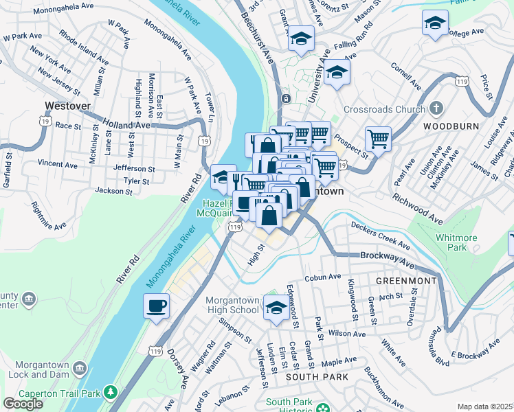 map of restaurants, bars, coffee shops, grocery stores, and more near 223 Chestnut Street in Morgantown