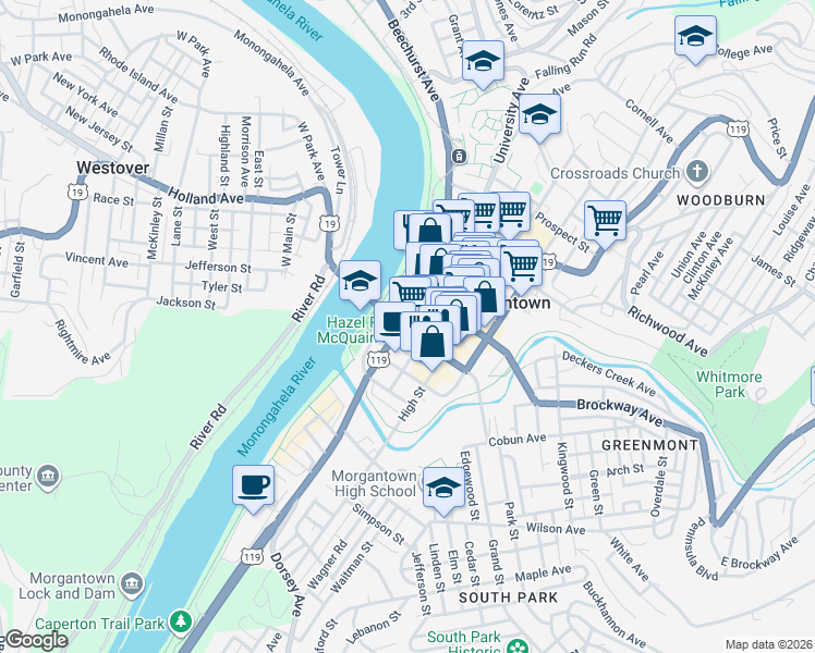 map of restaurants, bars, coffee shops, grocery stores, and more near 223 Chestnut Street in Morgantown