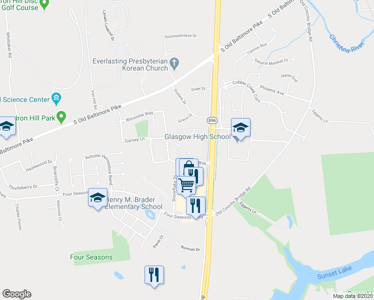map of restaurants, bars, coffee shops, grocery stores, and more near Waters Edge Drive in New Castle County