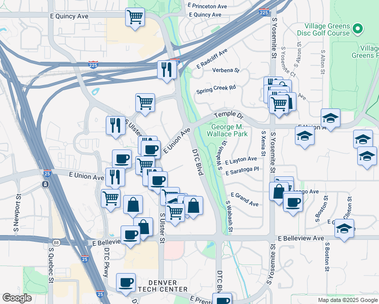 map of restaurants, bars, coffee shops, grocery stores, and more near 4875 Dtc Boulevard in Denver
