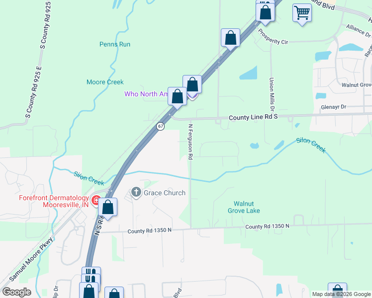 map of restaurants, bars, coffee shops, grocery stores, and more near 13892 County Road 450 East in Morgan County