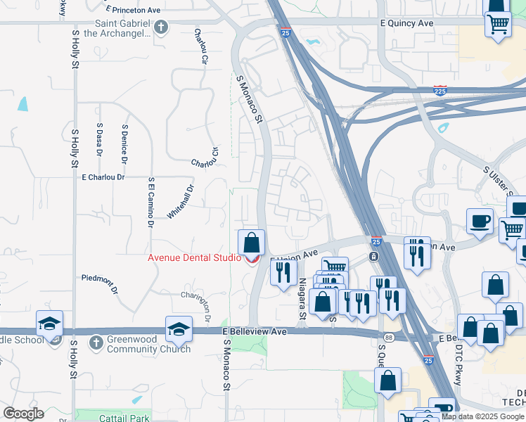 map of restaurants, bars, coffee shops, grocery stores, and more near 4750 South Monaco Street in Denver