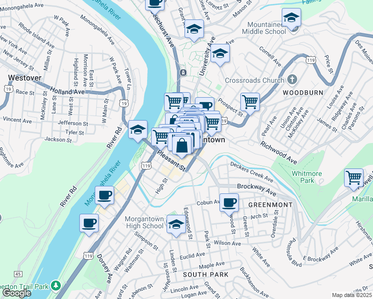 map of restaurants, bars, coffee shops, grocery stores, and more near 201 Walnut Street in Morgantown