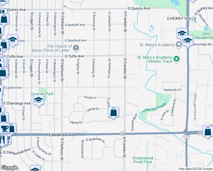map of restaurants, bars, coffee shops, grocery stores, and more near 5050 South Lafayette Street in Cherry Hills Village