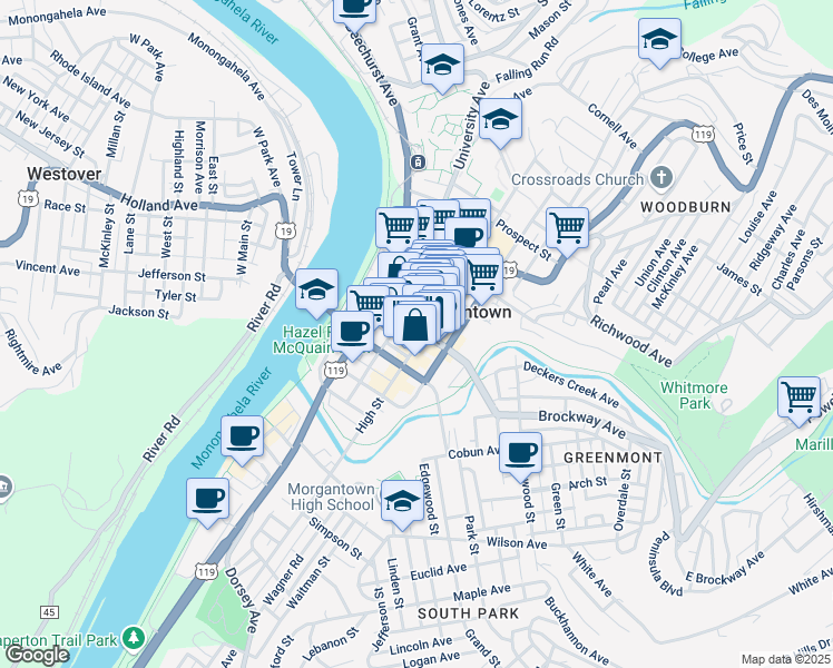 map of restaurants, bars, coffee shops, grocery stores, and more near 295 High Street in Morgantown