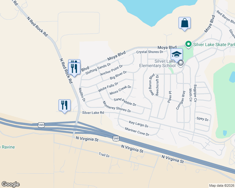 map of restaurants, bars, coffee shops, grocery stores, and more near 8004 Moss Creek Drive in Reno