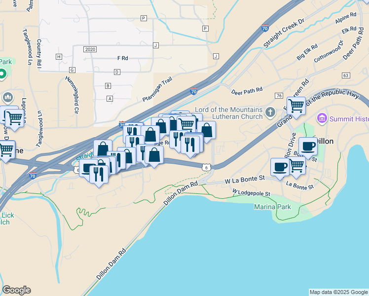 map of restaurants, bars, coffee shops, grocery stores, and more near 330 Eastridge Drive in Dillon