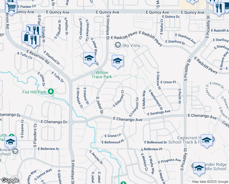map of restaurants, bars, coffee shops, grocery stores, and more near 20534 East Union Circle in Aurora