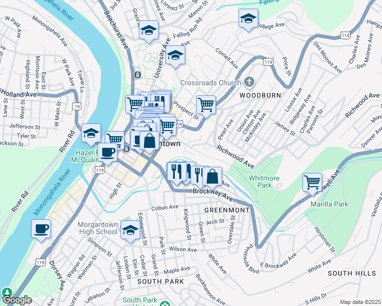 map of restaurants, bars, coffee shops, grocery stores, and more near Baird Street in Morgantown