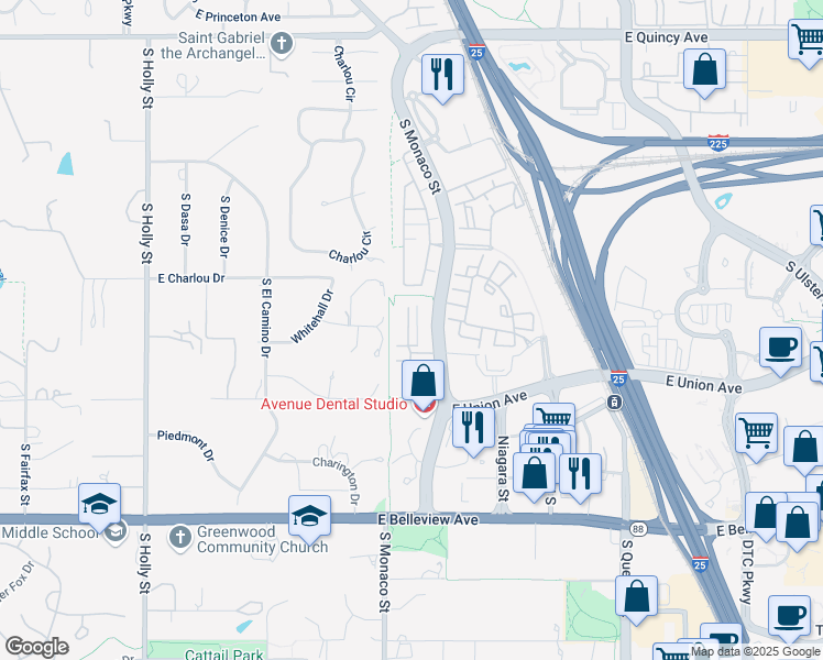 map of restaurants, bars, coffee shops, grocery stores, and more near 4667 South Monaco Street in Denver