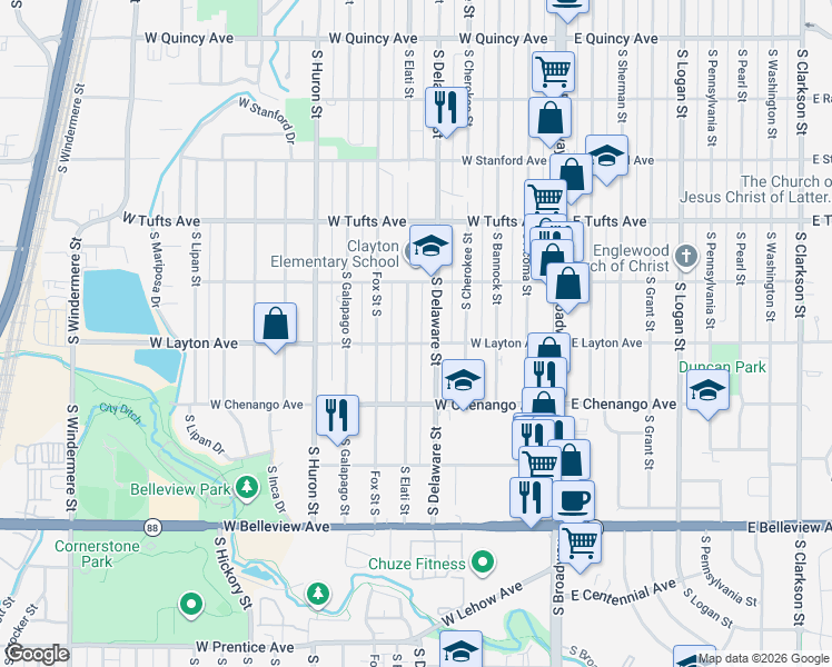 map of restaurants, bars, coffee shops, grocery stores, and more near 4765 South Elati Street in Englewood