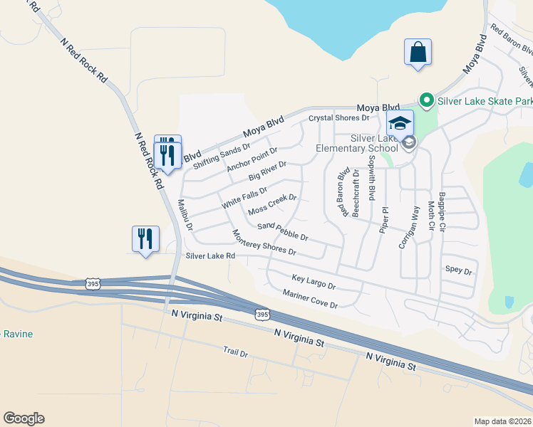 map of restaurants, bars, coffee shops, grocery stores, and more near 8004 Moss Creek Drive in Reno