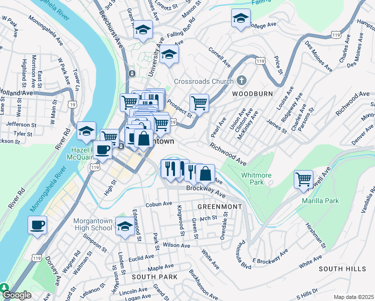 map of restaurants, bars, coffee shops, grocery stores, and more near 408 Forest Avenue in Morgantown