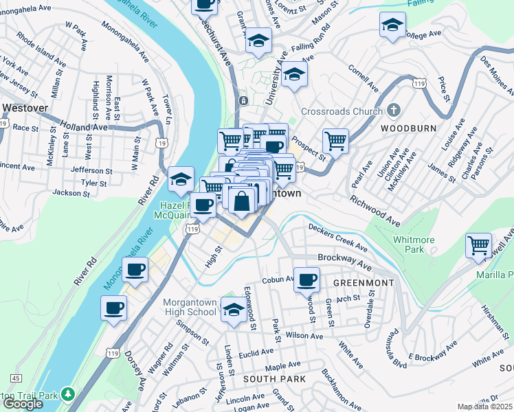 map of restaurants, bars, coffee shops, grocery stores, and more near in Morgantown