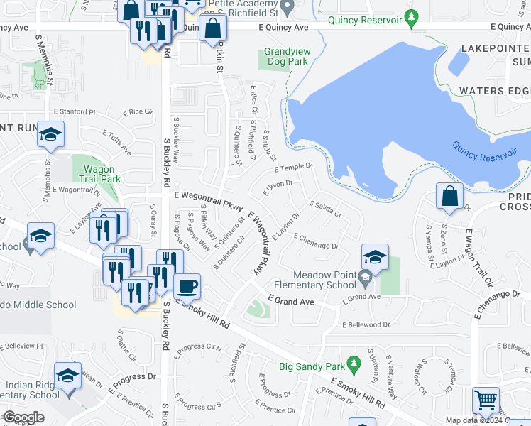 map of restaurants, bars, coffee shops, grocery stores, and more near 17423 East Temple Drive in Aurora