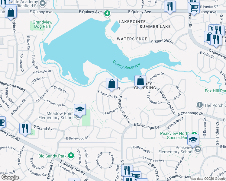 map of restaurants, bars, coffee shops, grocery stores, and more near 4716 South Zeno Street in Aurora