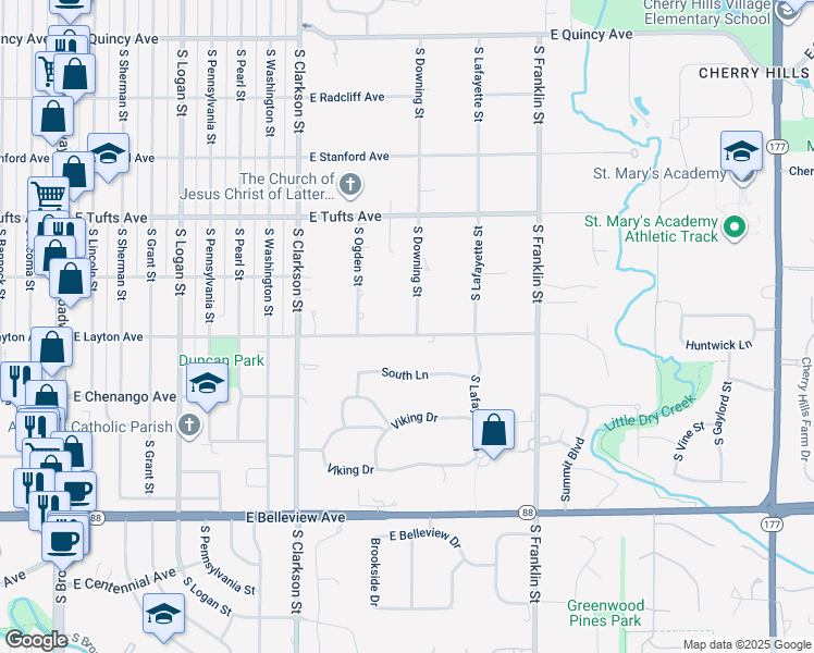 map of restaurants, bars, coffee shops, grocery stores, and more near 4777 South Downing Street in Englewood
